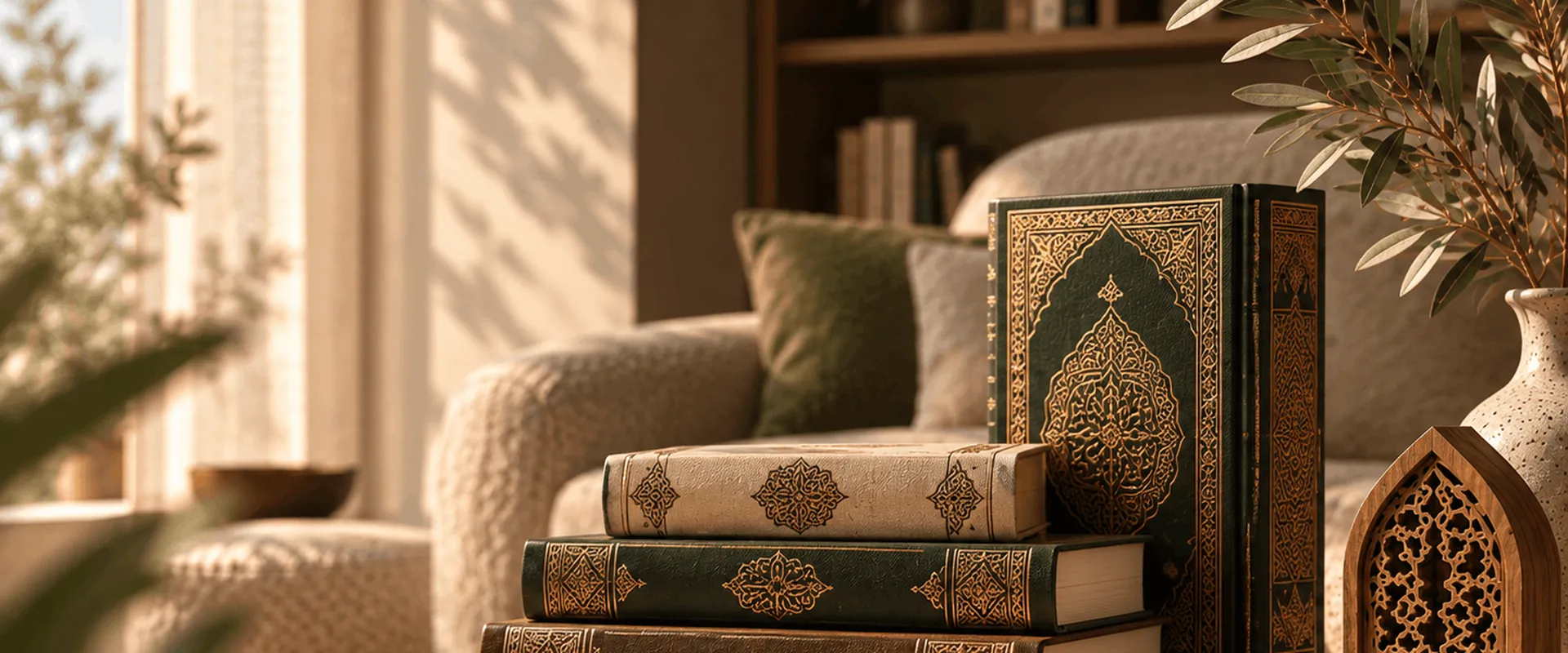 كتب إسلامية بأغلفة فاخرة وسبحة وديكور خشبي في ركن هادئ