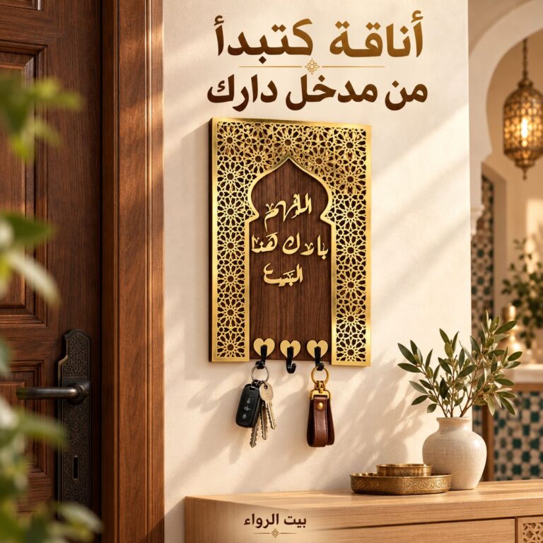 لوحة مفاتيح خشبية ذهبية معلّقة بجانب باب مدخل الدار