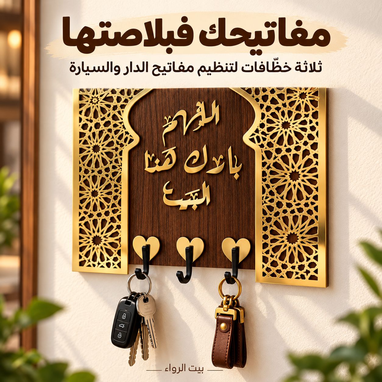 ثلاثة خطّافات بقلوب ذهبية لتنظيم مفاتيح الدار والسيارة في لوحة اللهم بارك هذا البيت