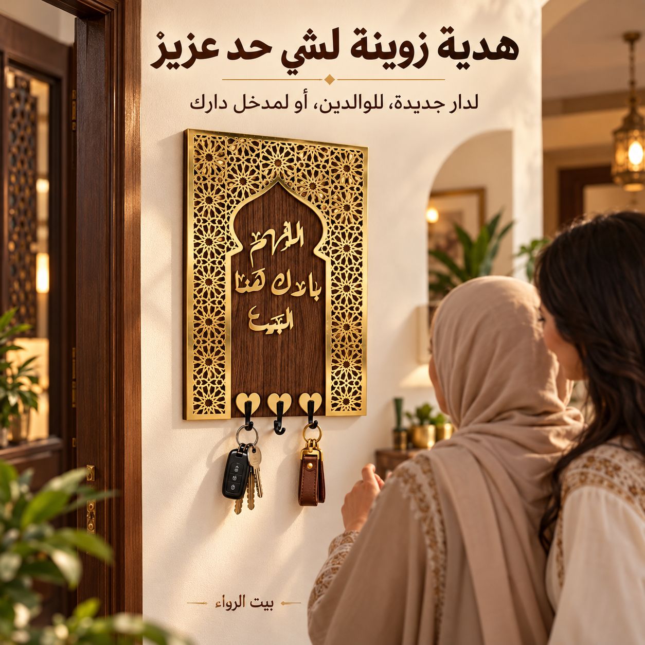 أم وابنتها تنظران إلى لوحة مفاتيح اللهم بارك هذا البيت كهدية لدار جديدة