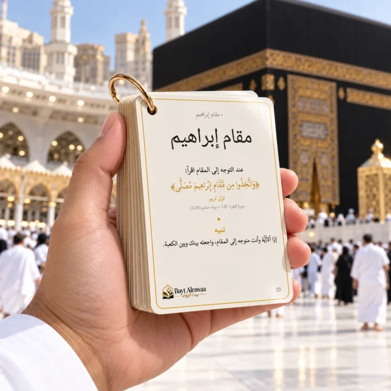 بطاقة مقام إبراهيم من دليل العمرة والحج أمام الكعبة المشرفة