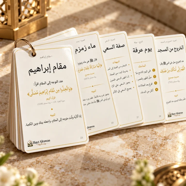 بطاقات مقام إبراهيم وماء زمزم وصفة السعي ويوم عرفة والخروج من المسجد